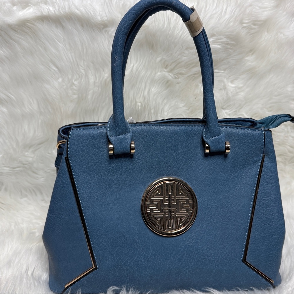 Chic Blue Satchel with Gold Accents